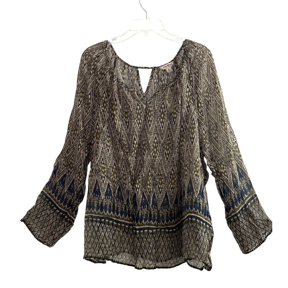 Lucky Brand Sheer Boho Green Blue Geometric Pattern Long Sleeves NWT Womens XL